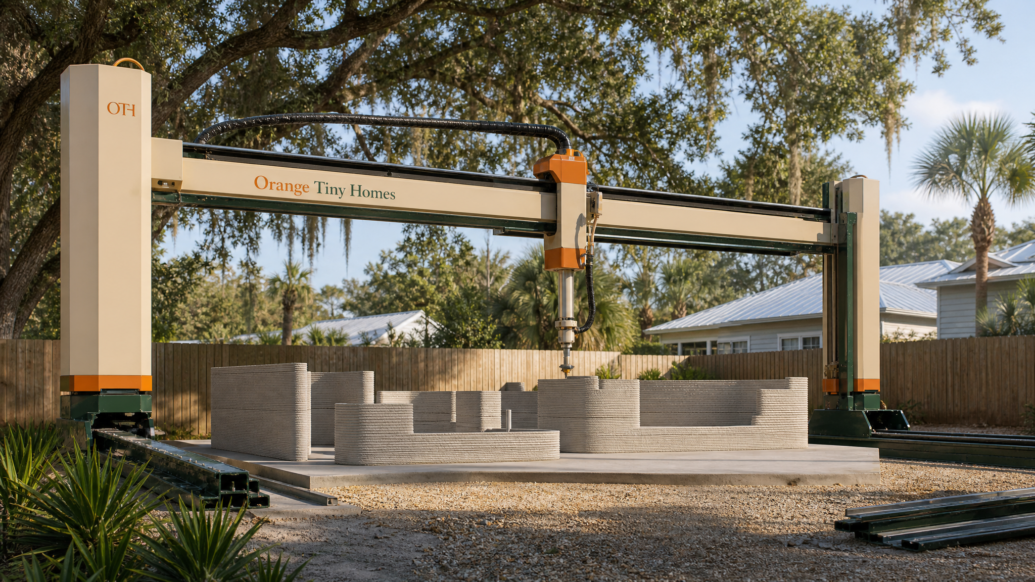 Orange Tiny Homes branded 3D concrete printer concept building a small ADU in a Central Florida backyard