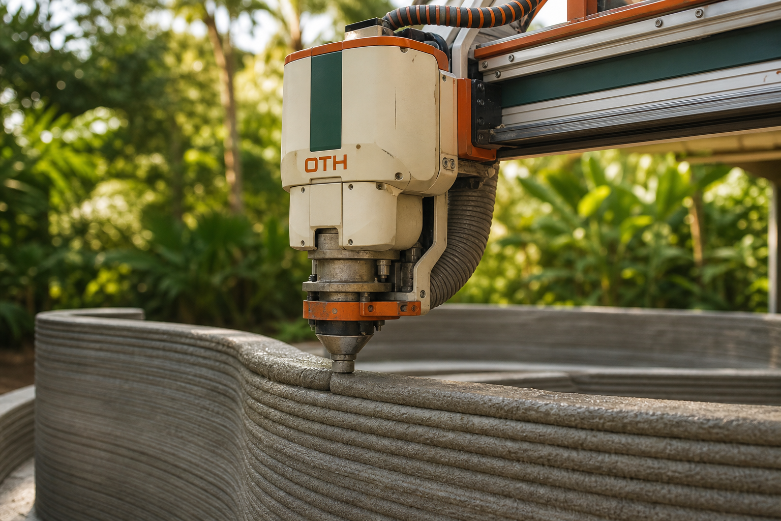 Close-up concept of a 3D concrete printer nozzle laying down layered concrete for an ADU wall