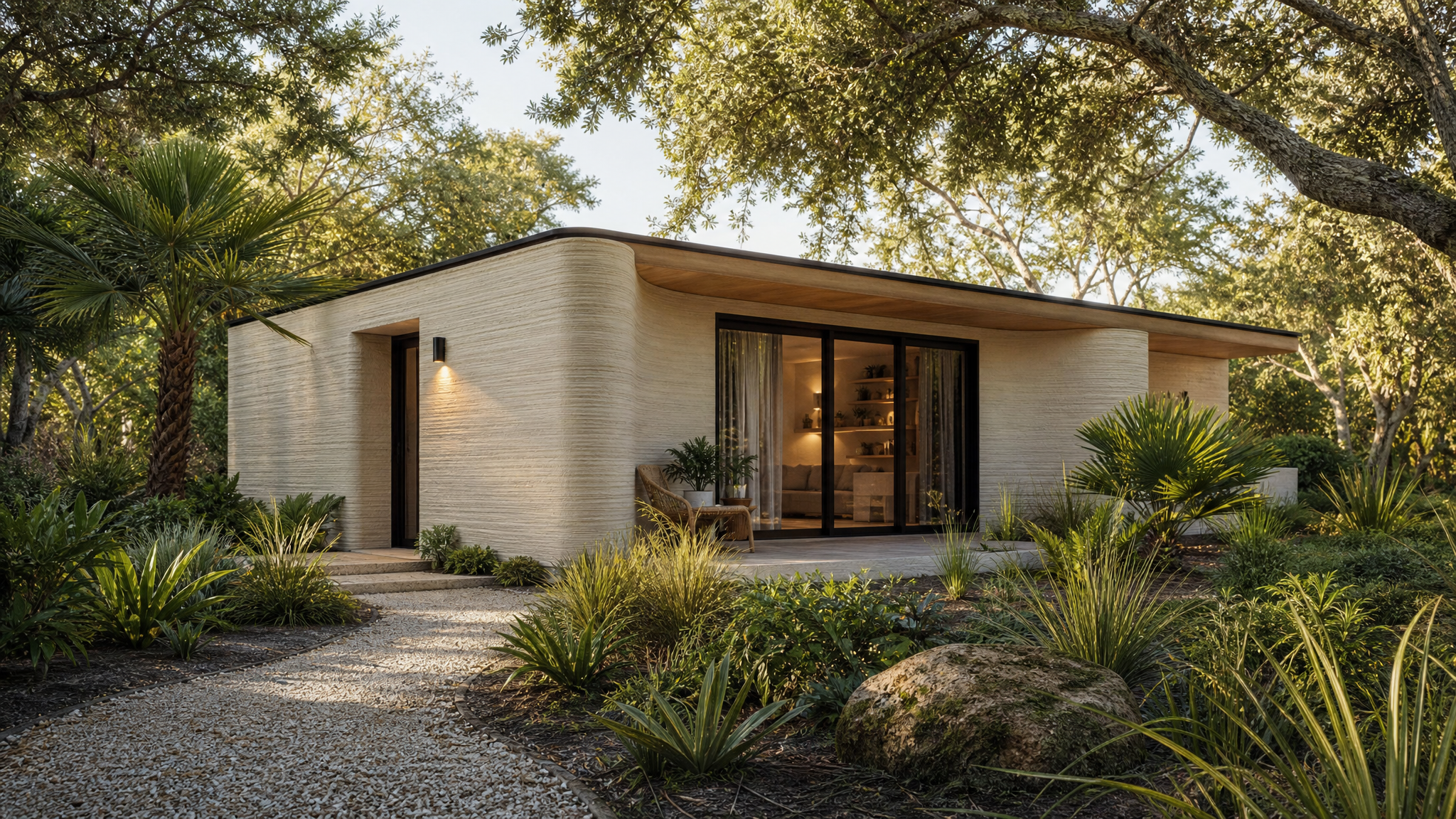 Seville inspired 3D printed ADU concept in Central Florida landscaping