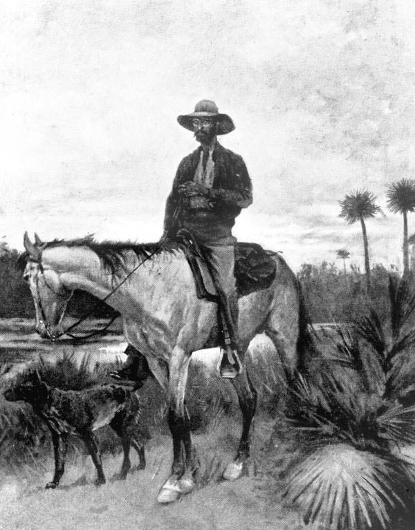 An 1895 illustration of a Florida cow hunter on horseback in the scrub, slouched hat and a long whip coiled at his side.