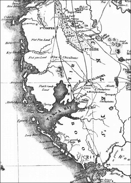 An 1837 engraved map of the Florida peninsula marked with military forts, rivers, and large blank areas labeled Flat Pine Land, showing few roads.